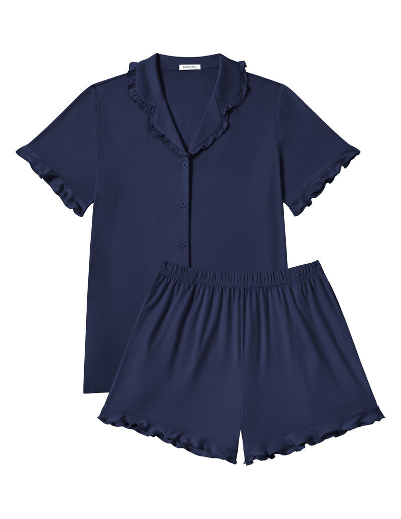 Navy button-down pajama top with ruffled collar and elastic-waist shorts set