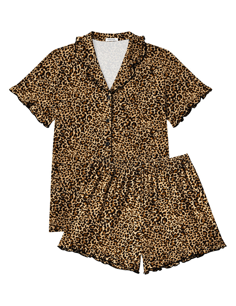 Leopard print button-front short-sleeve pajama set with matching shorts