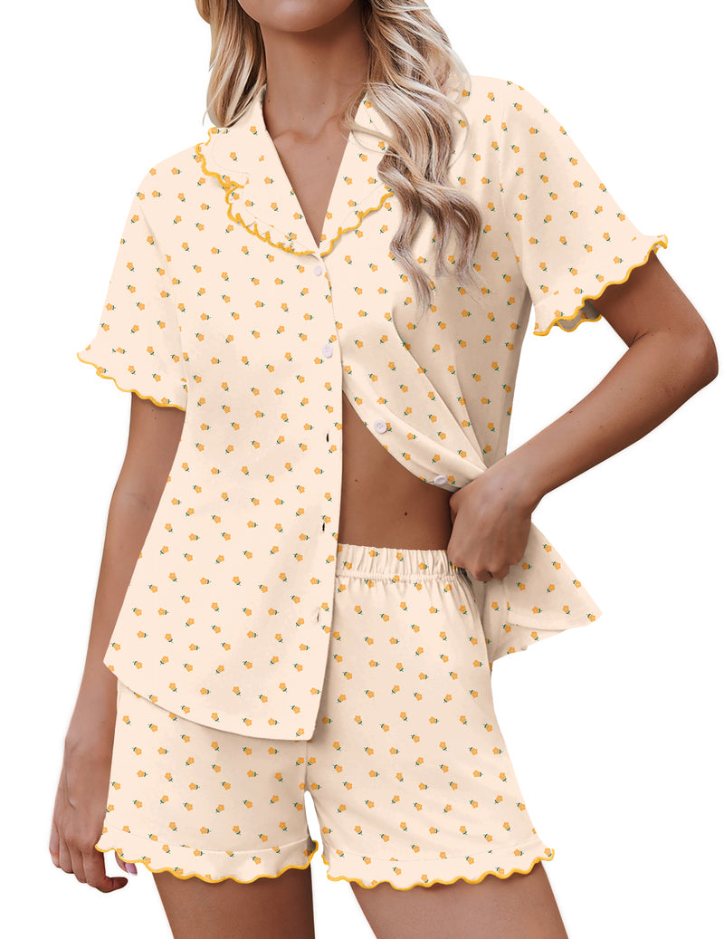 Cream gold dot button-down ruffle short-sleeve 2-piece pajama set with shorts