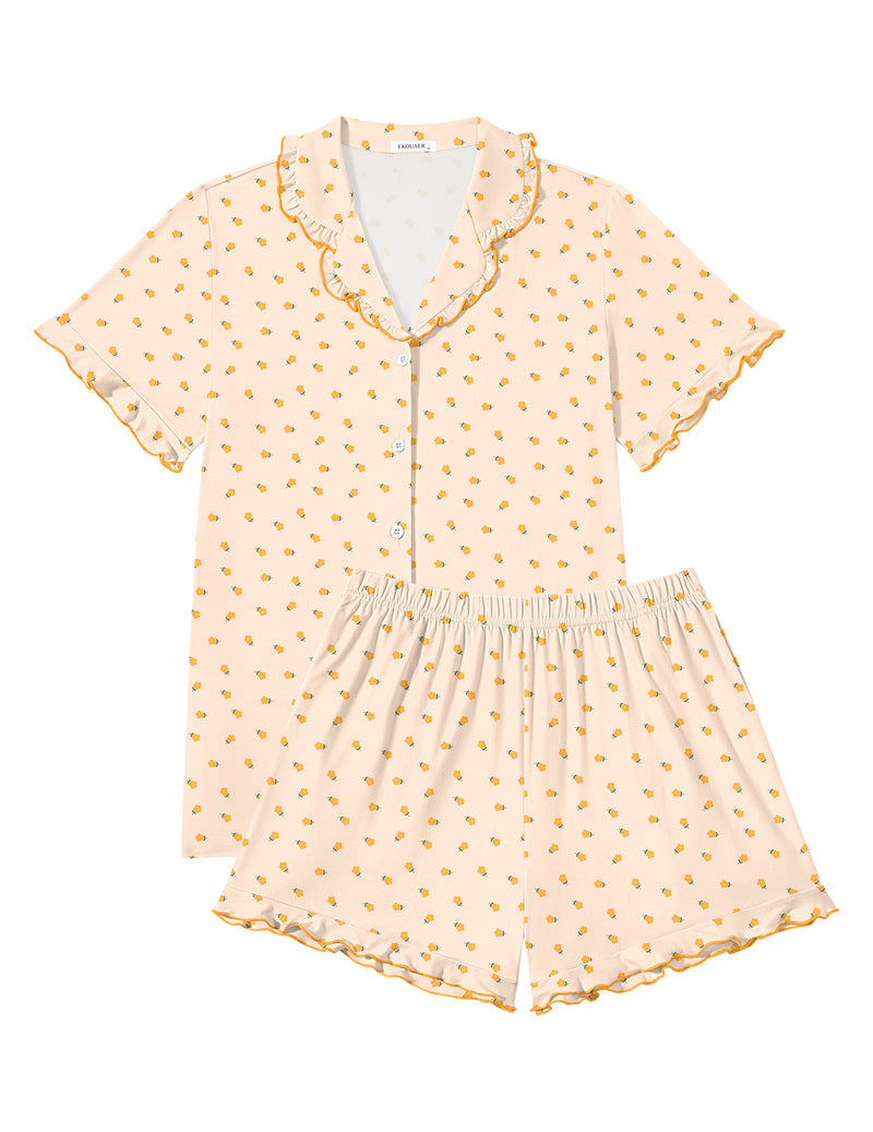 Cream gold dot button-front short-sleeve pajama set with matching shorts
