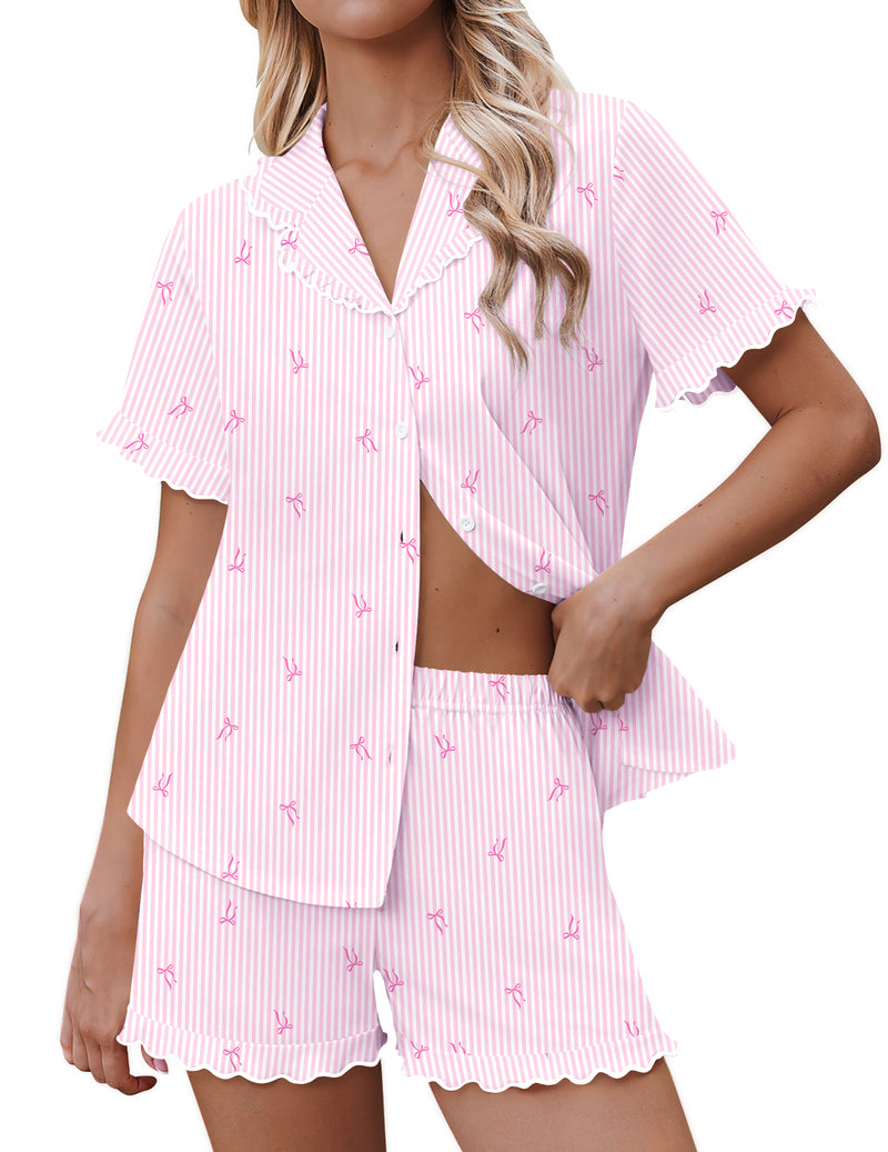 Pink striped ribbon bow button-down short-sleeve 2-piece pajama set with shorts