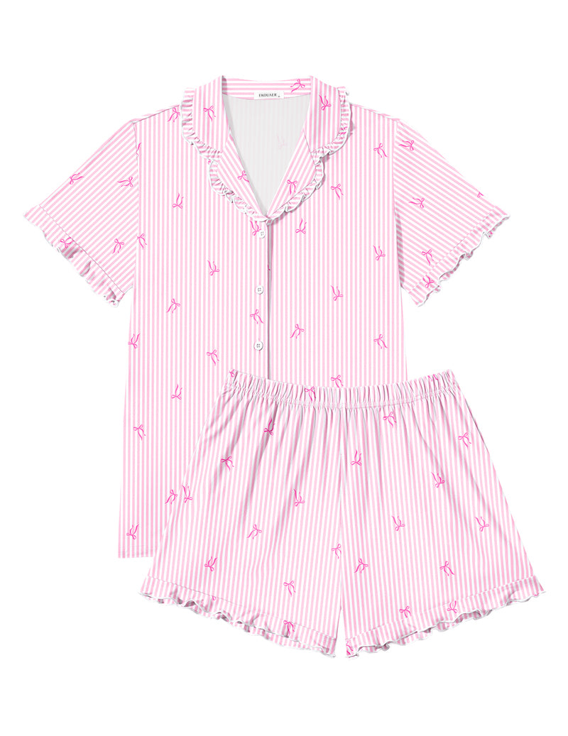 Pink striped bow print button-front short-sleeve pajama set with matching shorts