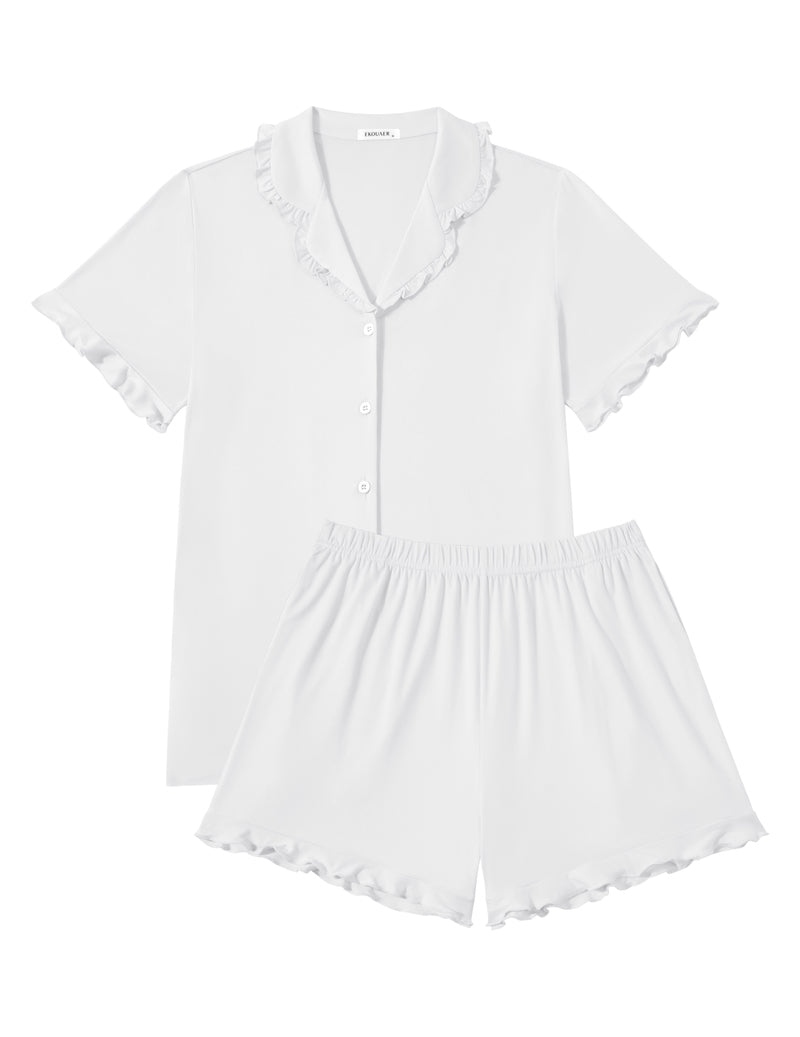 White button-front short-sleeve pajama set with matching shorts