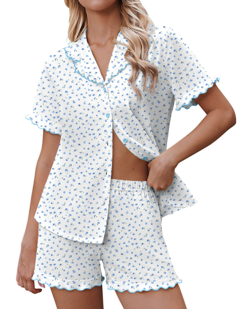 Light blue ditsy print button-down ruffle short-sleeve 2-piece pajama set with shorts