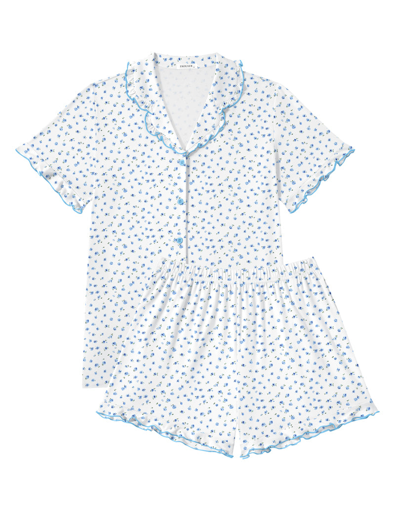 Light blue ditsy print button-front short-sleeve pajama set with matching shorts