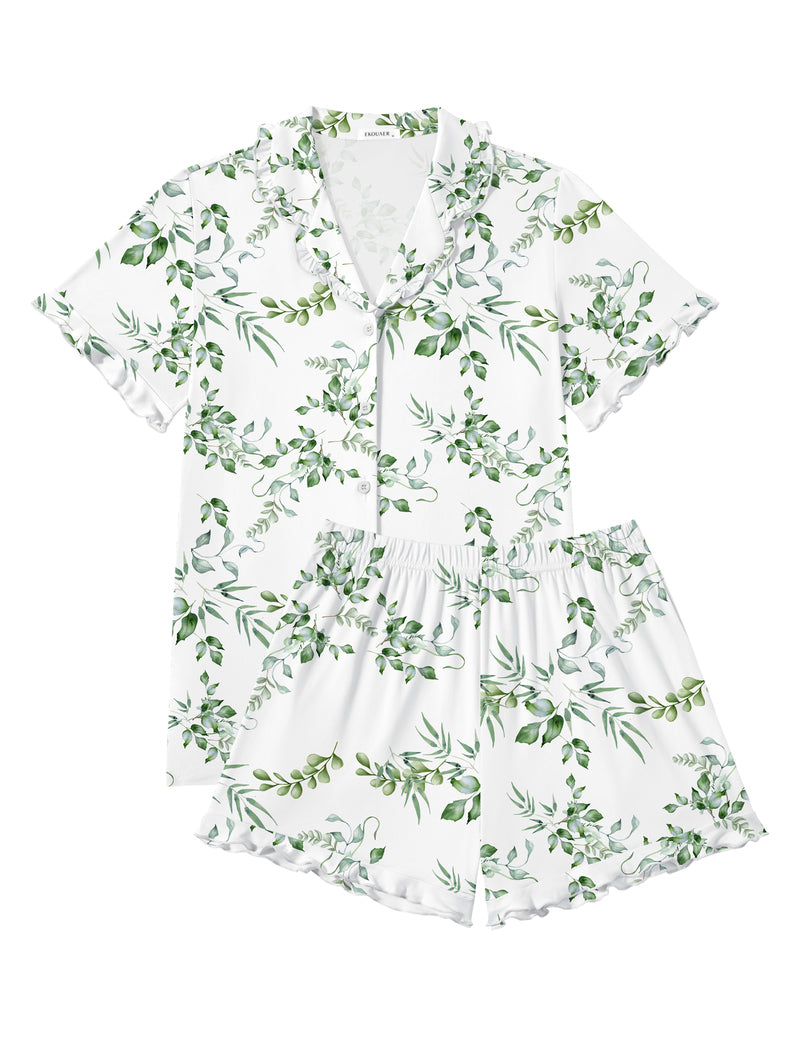 White button-down pajama set with green leaf print and ruffle flounce shorts