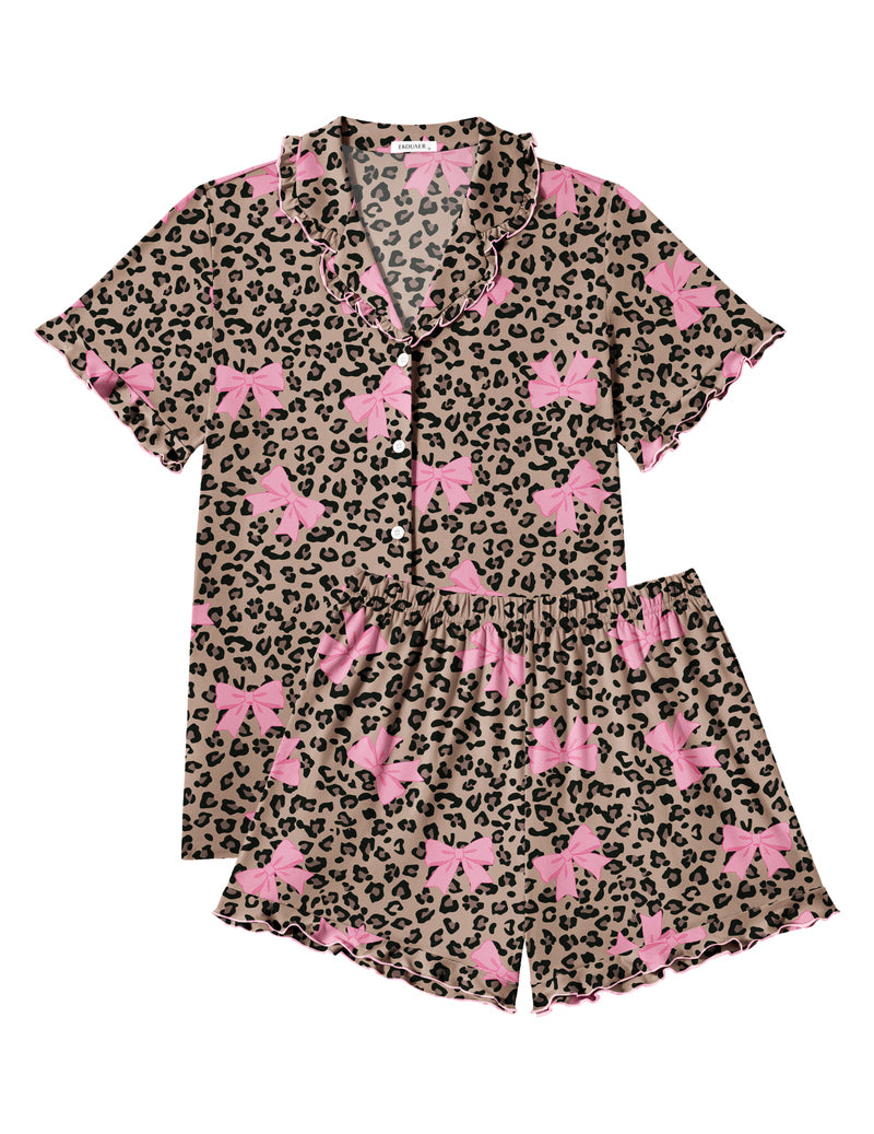 Leopard-print pajama set with pink bow accents, button-down top and ruffle shorts