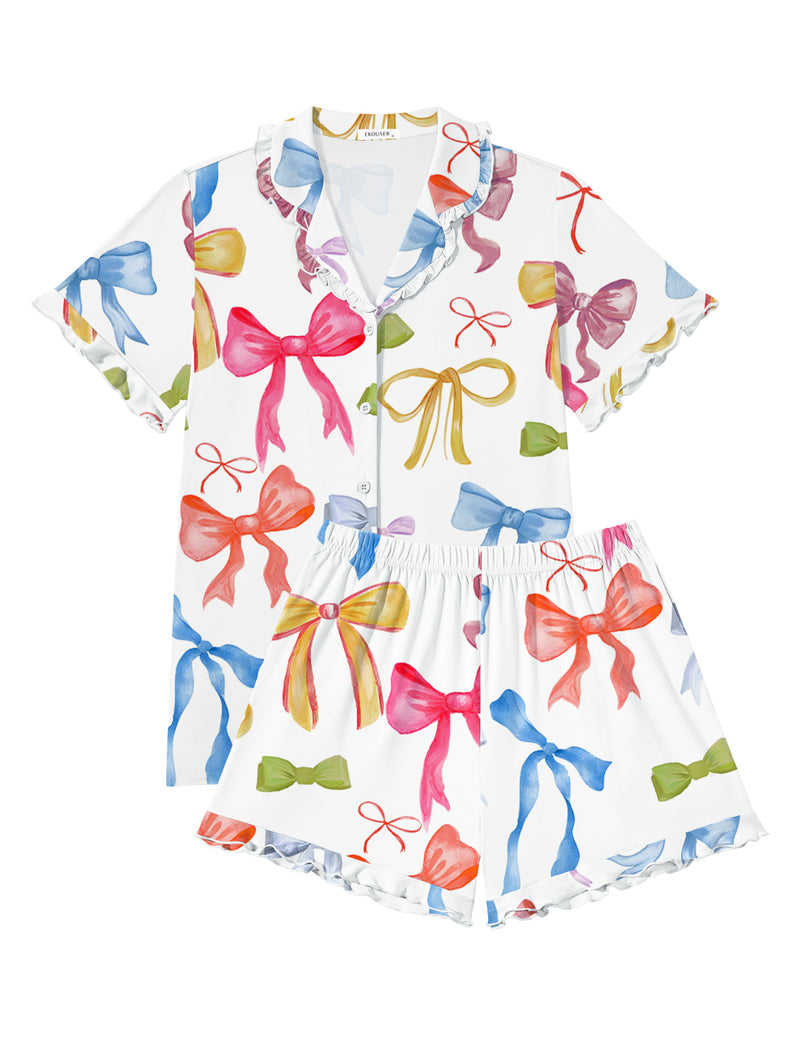 Ekouaer button-down ruffle pajama set, white bow and butterfly print with shorts