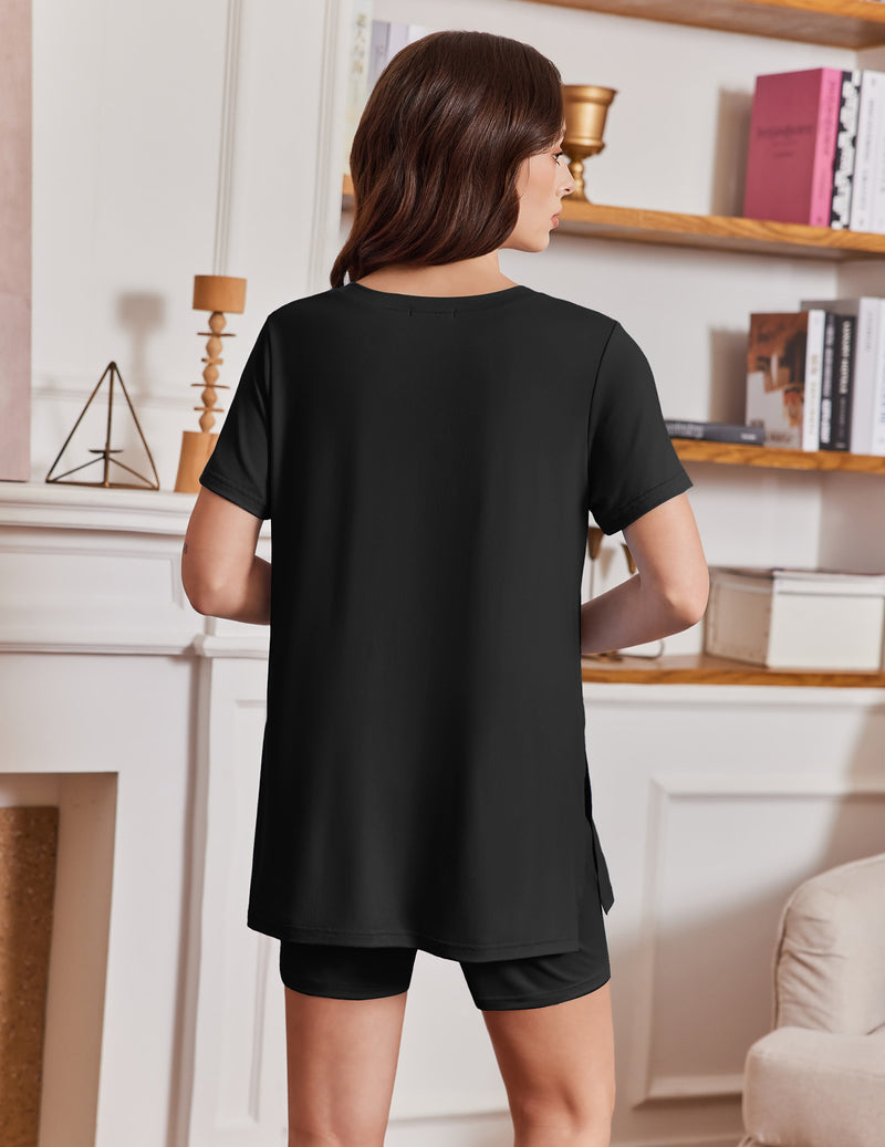 Black V-neck PJ set (back view) with biker shorts, short-sleeve top and matching shorts