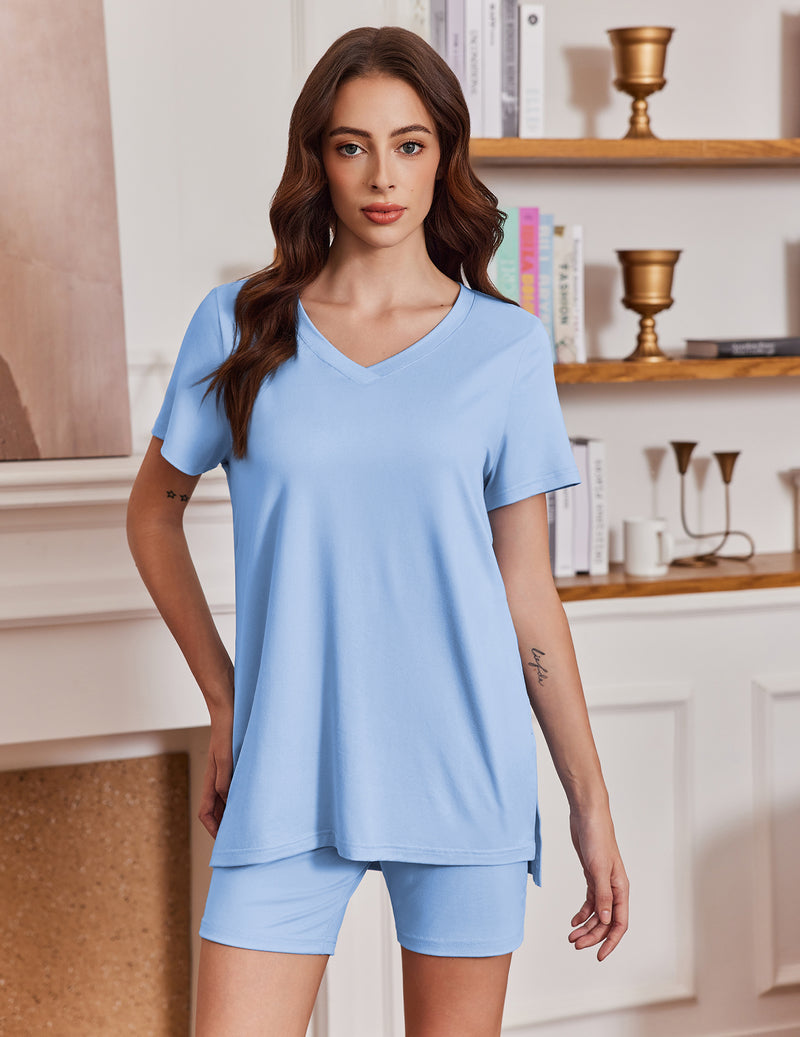 Light blue V-neck PJ set with biker shorts, short-sleeve top and matching shorts