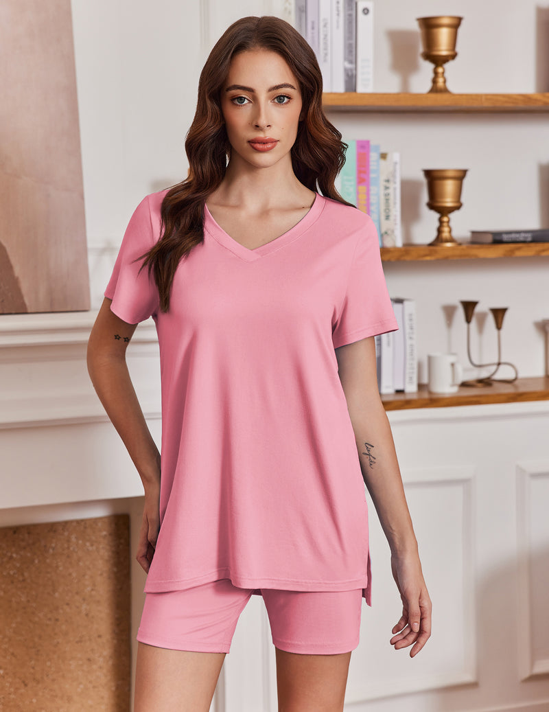 Old Rose V-neck PJ set with biker shorts, short-sleeve top and matching shorts