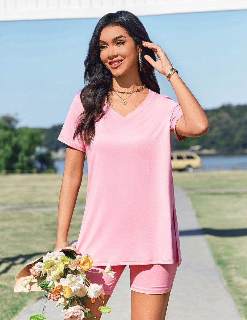 Pink V-neck pajama T-shirt with matching pink biker shorts