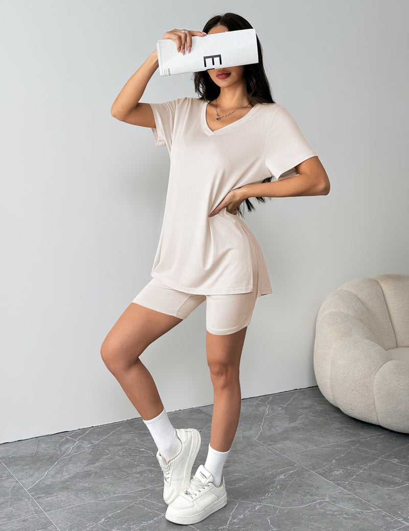Cream V-neck PJ set with short sleeves and matching biker shorts