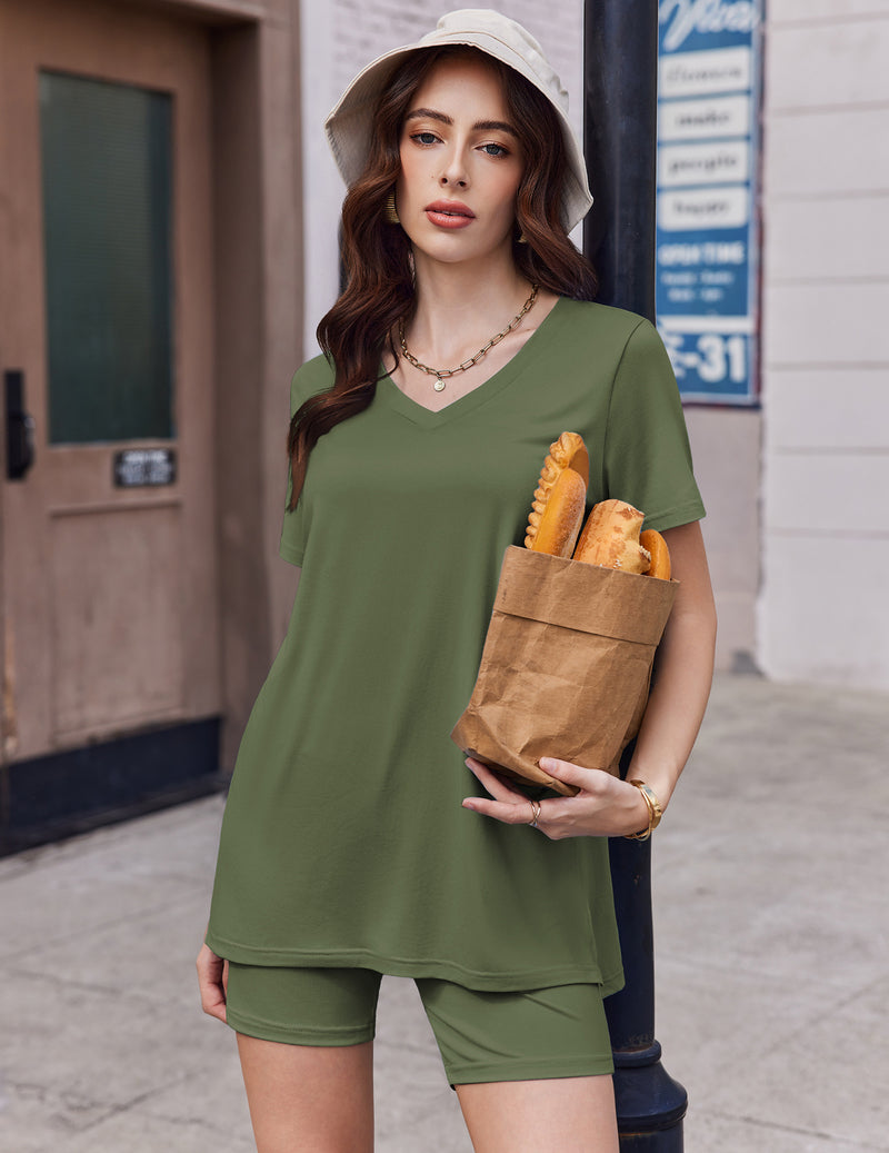 Army green V-neck pajama top and matching biker shorts set