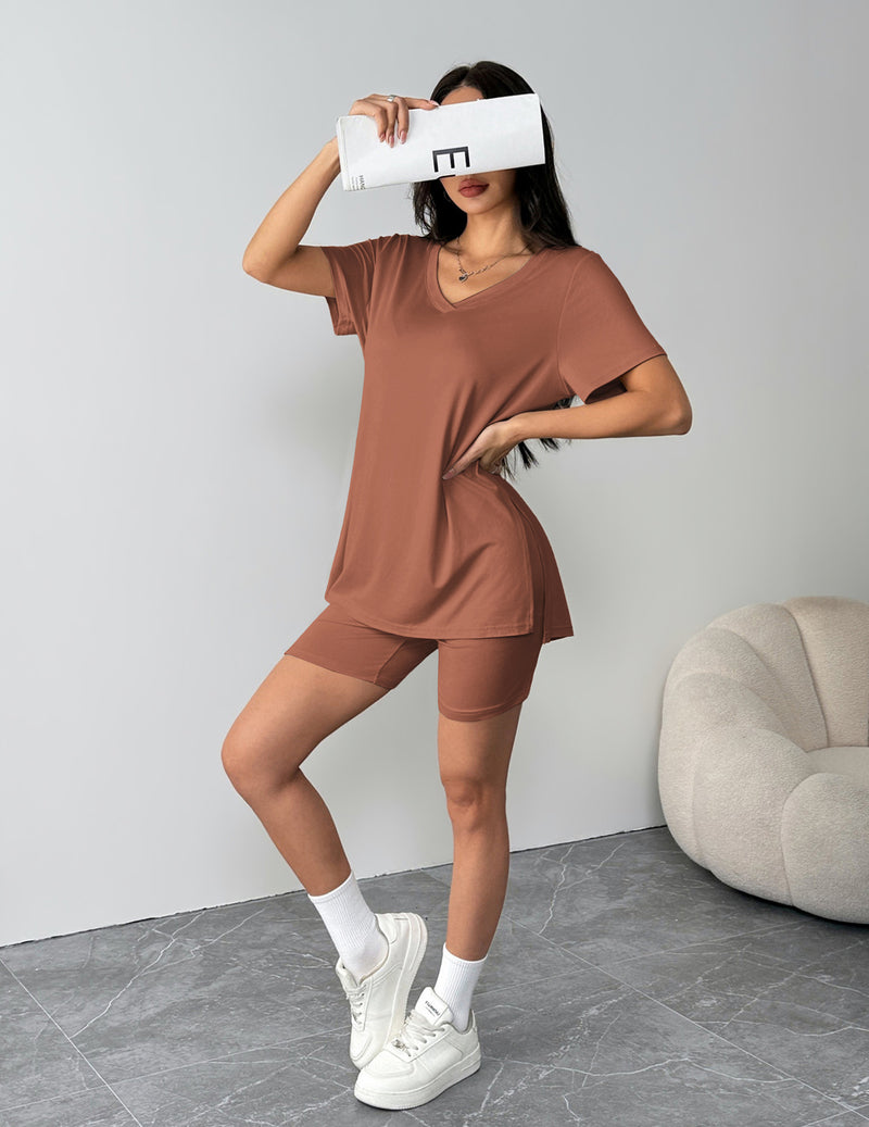 Brown V-neck pajama T-shirt with matching brown biker shorts set