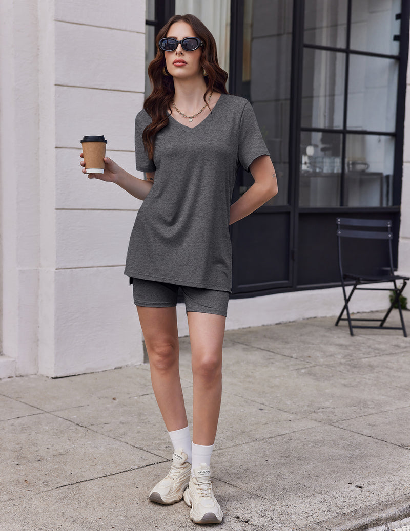 Dark gray V-neck PJ set with short sleeves and matching biker shorts