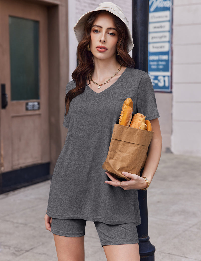 Dark gray V-neck PJ set with biker shorts, short-sleeve top and matching shorts