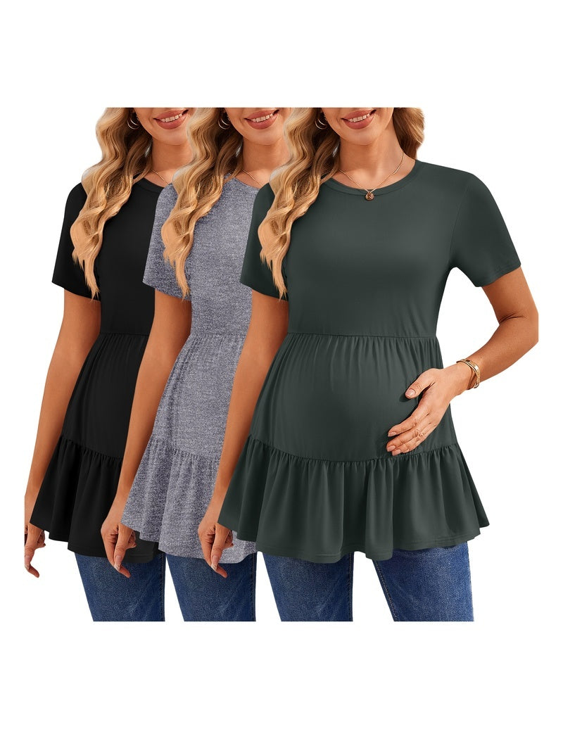 Short-sleeve ruffle maternity tops, black and dark green and heather gray