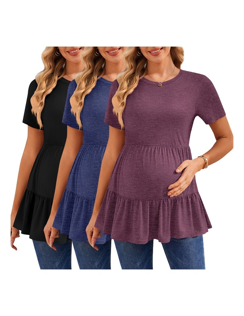 Short-sleeve ruffle maternity tops, black, blue, and mauve purple