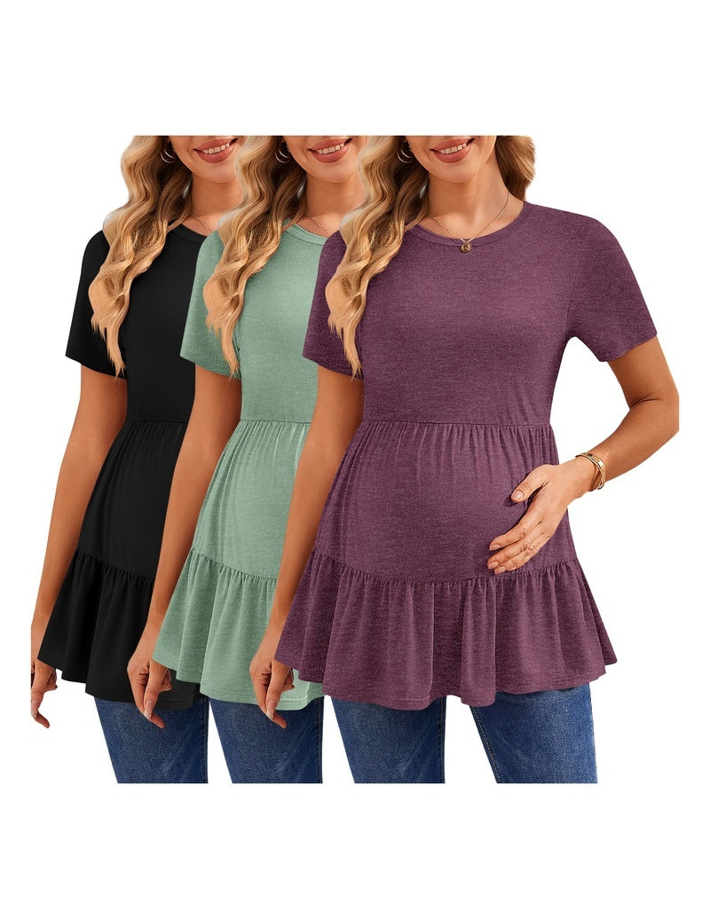 Short-sleeve ruffle maternity tops, black, mint green, and purple
