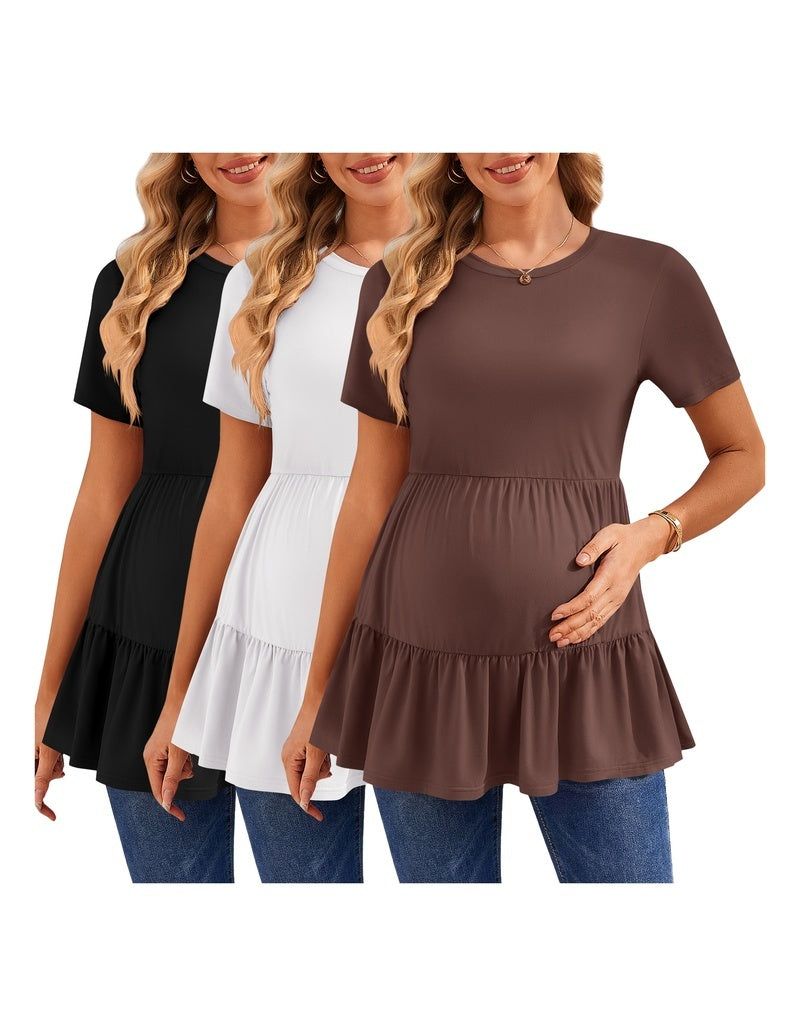 Short-sleeve ruffle maternity tops, black, white, and brown