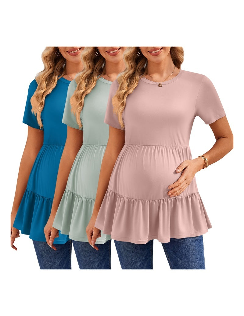 Short-sleeve ruffle maternity tops, teal blue, mint, and blush pink