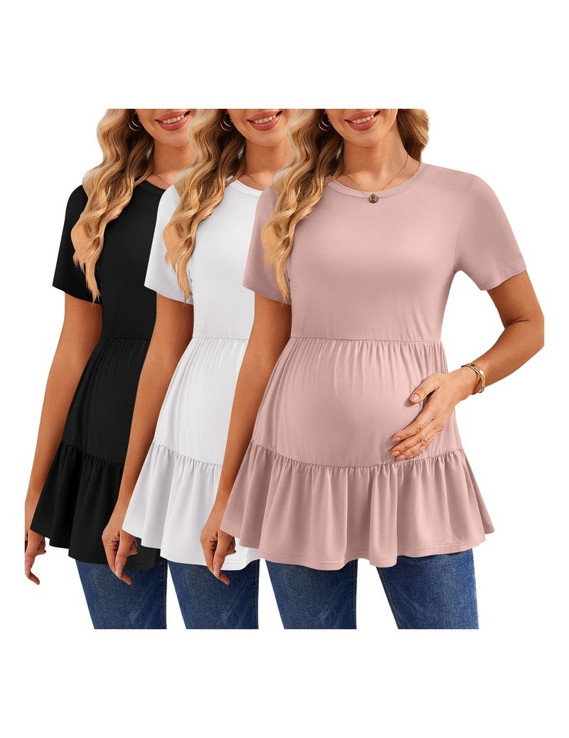 Short-sleeve ruffle maternity tops, black, white, and light pink