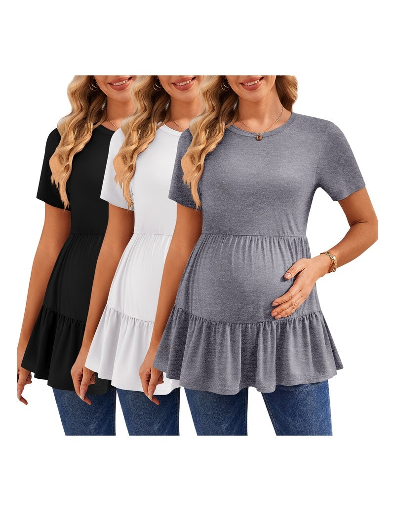 Maternity ruffle short-sleeve top, three-pack in black, white, and gray