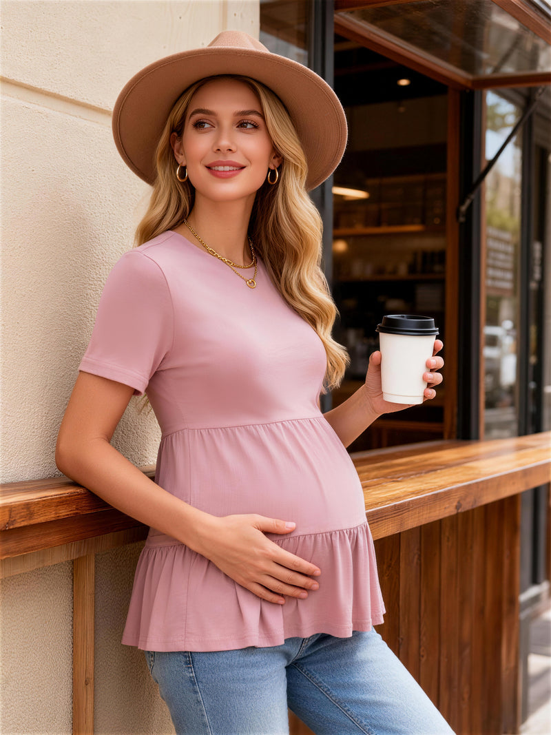 Maternity ruffle short-sleeve top in dusty pink with tiered peplum hem
