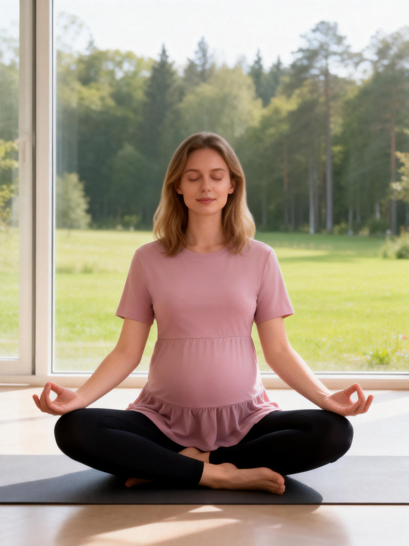Maternity ruffle short-sleeve top in dusty pink with gathered tiered hem