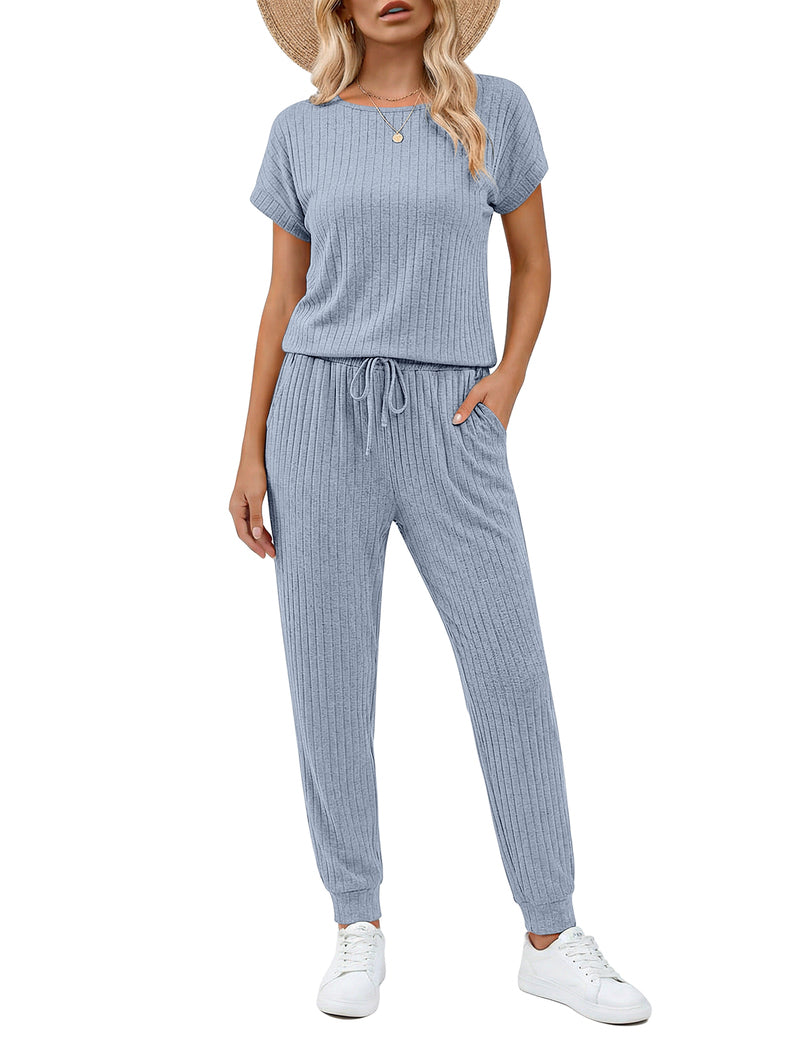 Ribbed knit short-sleeve romper set, drawstring waist, wide-leg pants in light blue