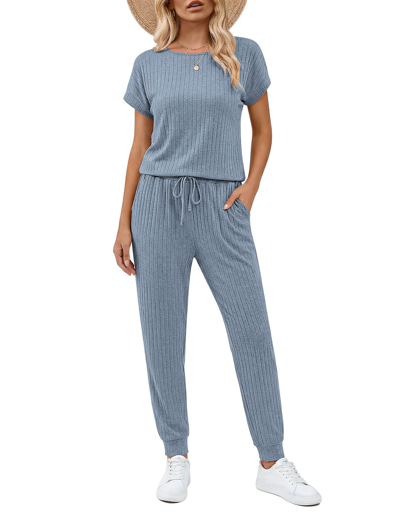 Ribbed knit short-sleeve romper set with drawstring waist and wide-leg pants, blue