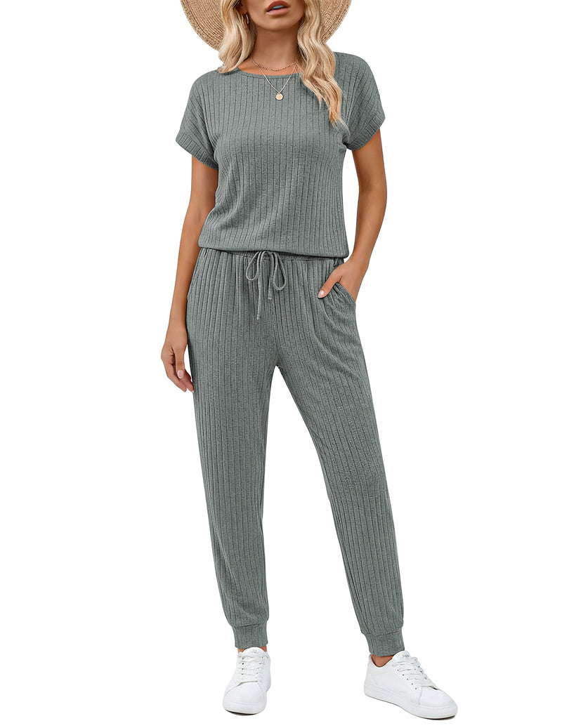 Ribbed knit short-sleeve romper set with drawstring waist and wide-leg pants, green