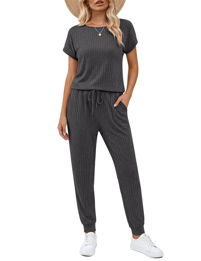 Ribbed knit short-sleeve romper set with drawstring waist and wide-leg pants, dark gray
