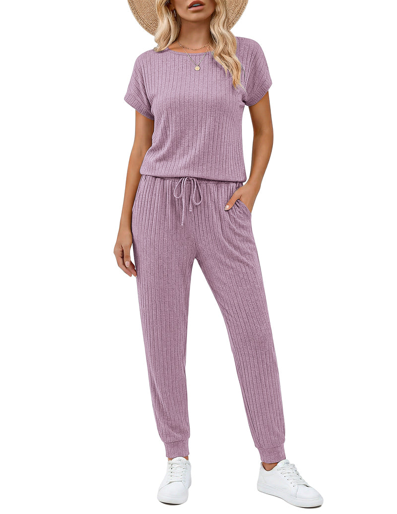 Ribbed knit short-sleeve romper set with drawstring waist and wide-leg pants, mauve