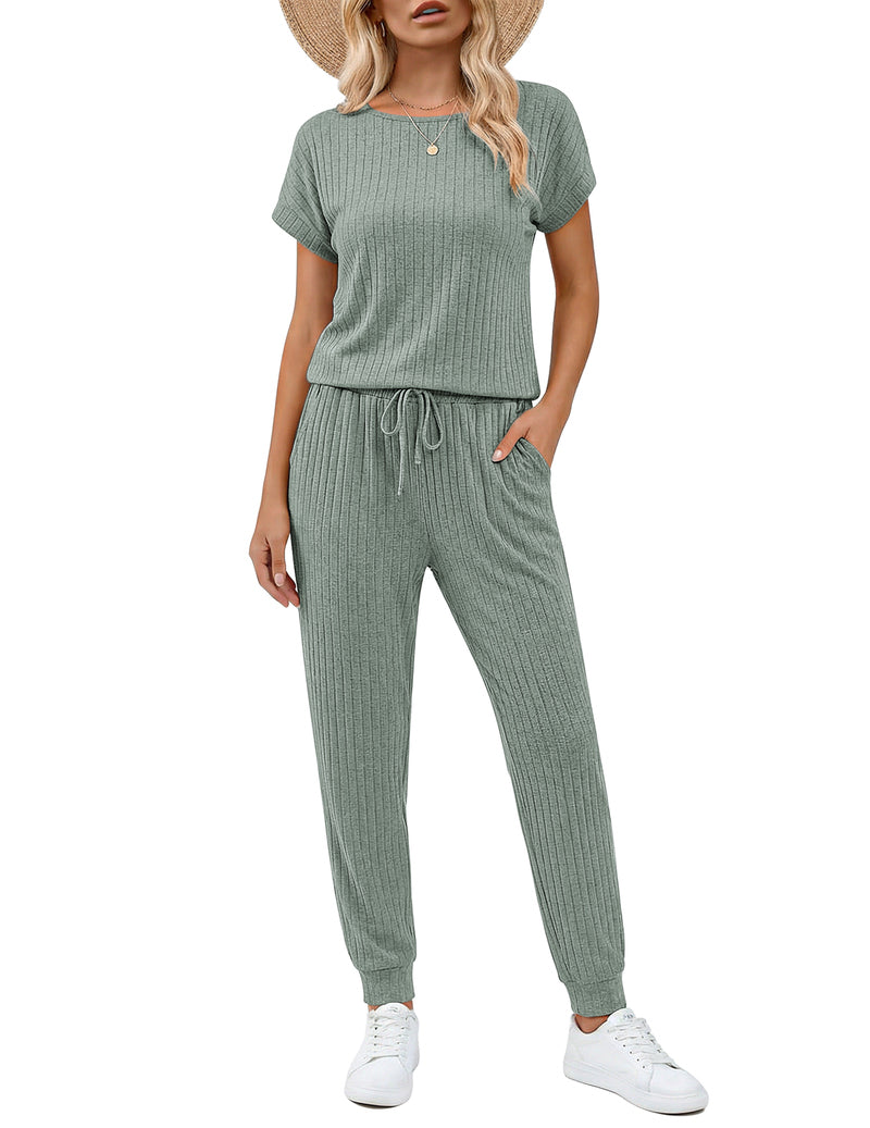 Ribbed knit short-sleeve romper set with drawstring waist and wide-leg pants, sage green