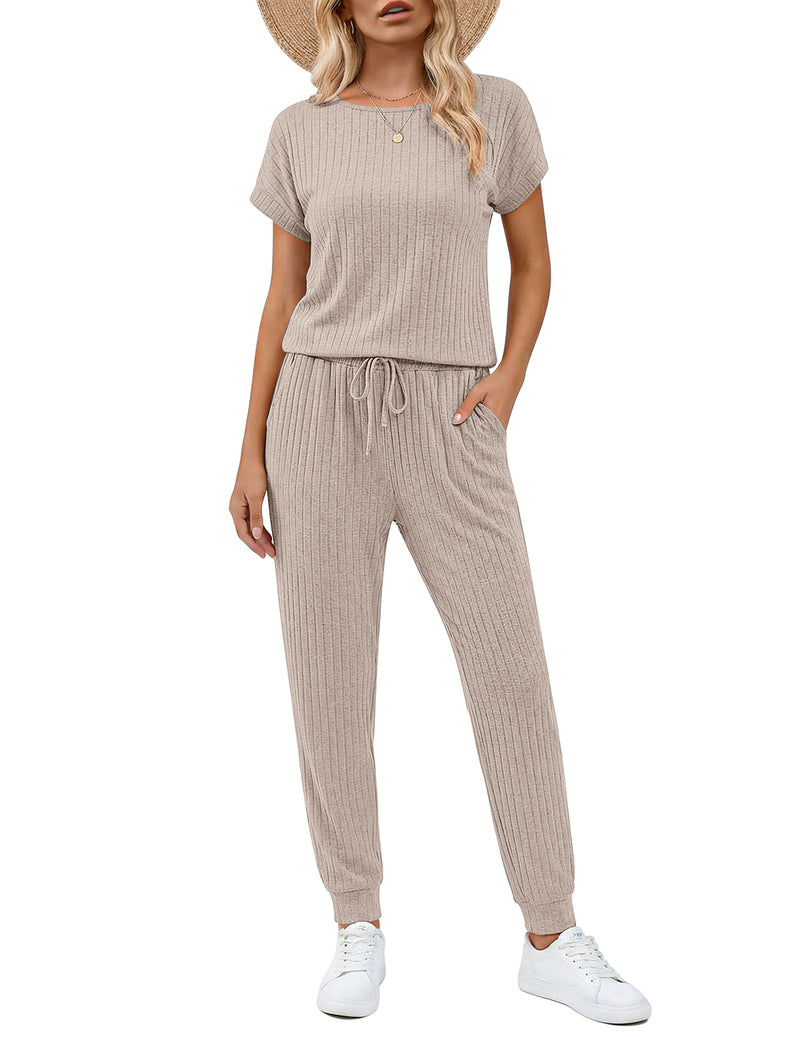 Ribbed knit short-sleeve romper set with drawstring waist and wide-leg pants, beige