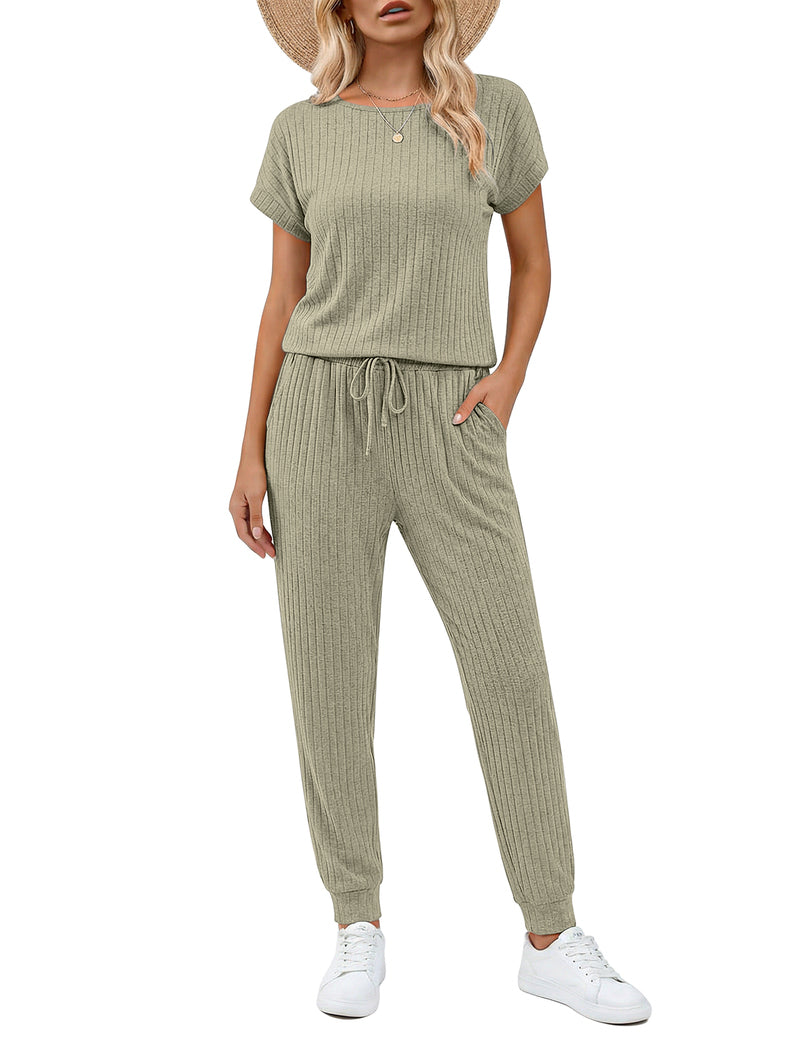 Ribbed knit short-sleeve romper set with drawstring waist and wide-leg pants, olive green