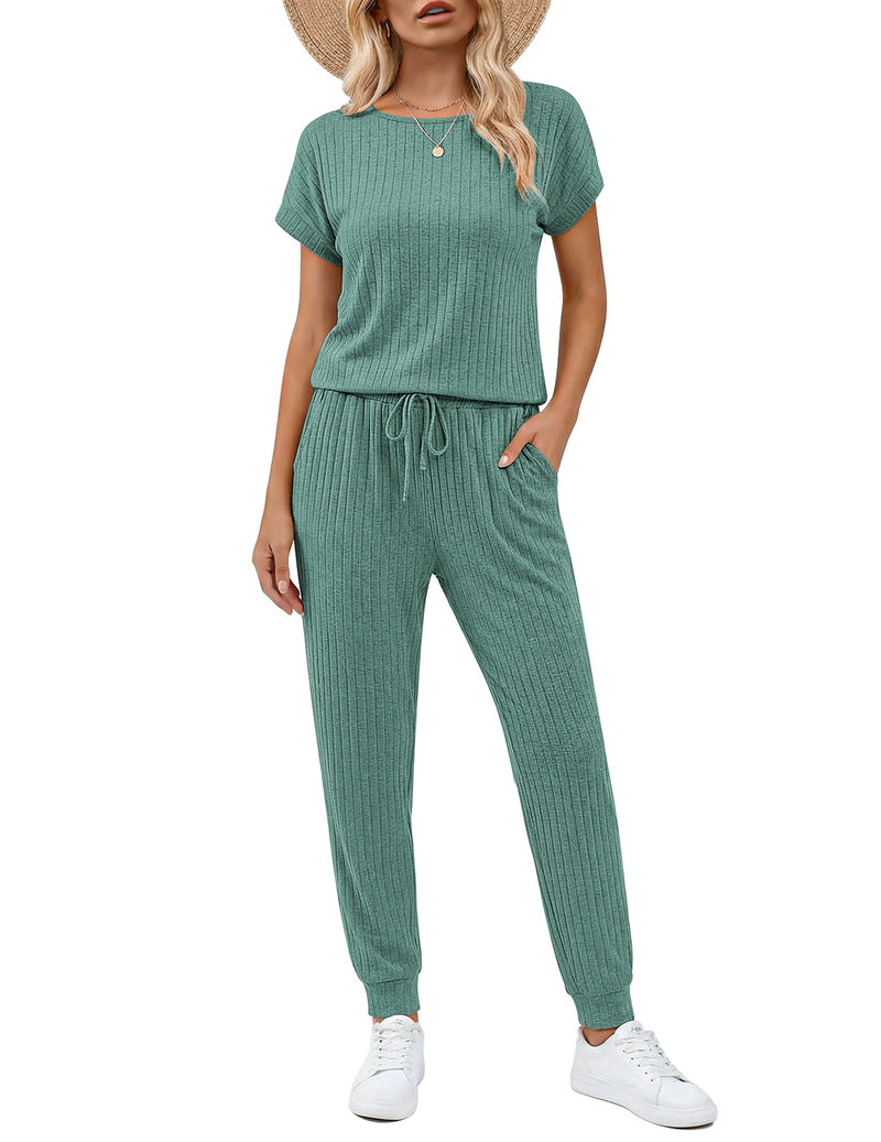 Ribbed knit short-sleeve romper set with drawstring waist and wide-leg pants, teal green