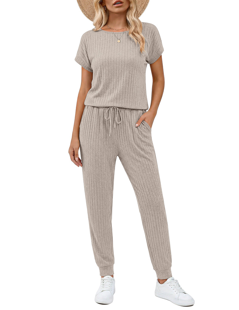 Ribbed knit short-sleeve romper set with drawstring waist and wide-leg pants, beige