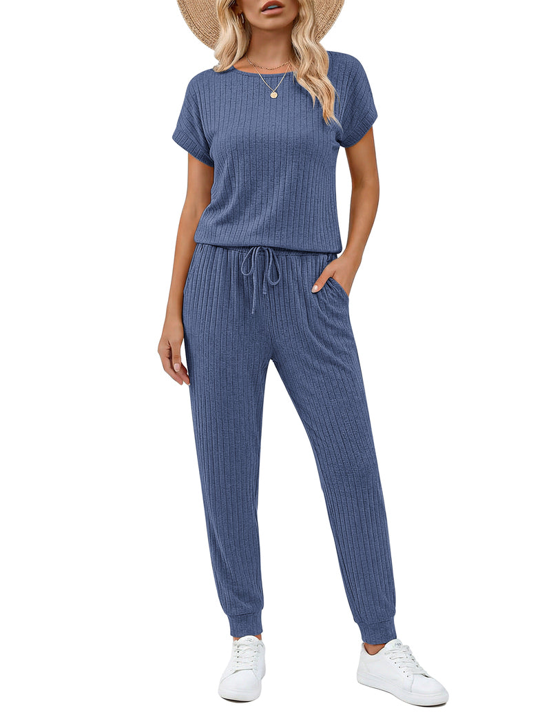 Ribbed knit blue romper with drawstring waist, wide-leg pants and short sleeves