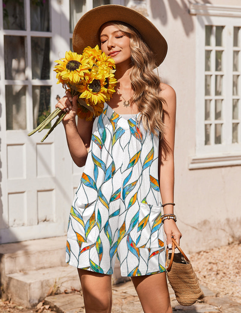 Ekouaer Floral Sleeveless Romper Boho Shorts Jumpsuit with Pockets