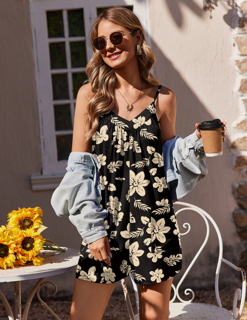 Ekouaer Floral Sleeveless Romper Boho Shorts Jumpsuit with Pockets