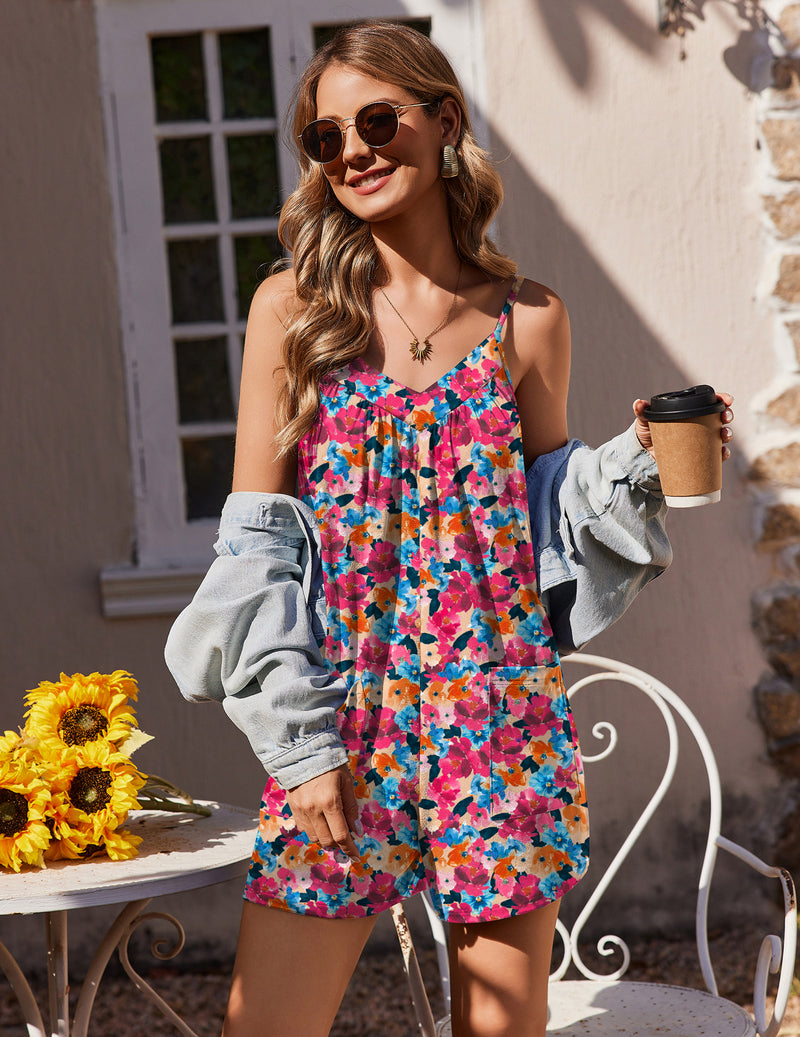 Ekouaer Floral Sleeveless Romper Boho Shorts Jumpsuit with Pockets