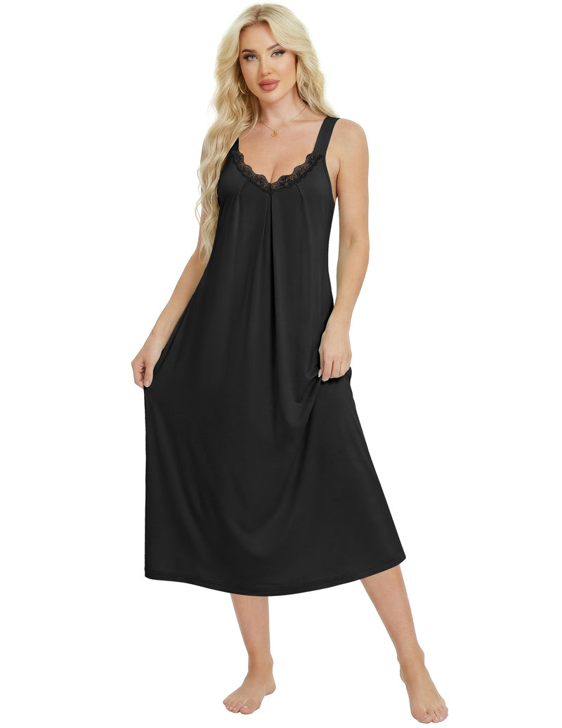 Sleeveless lace nightgown, black solid, scalloped V-neck with lace trim
