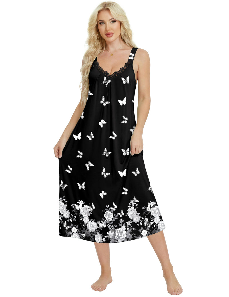 Sleeveless lace nightgown, black with white butterfly print, scalloped V-neck