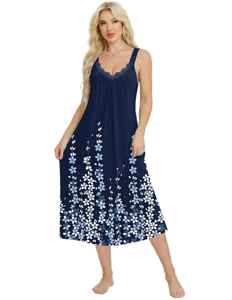 Sleeveless lace nightgown, navy blue with white floral print, scalloped V-neck