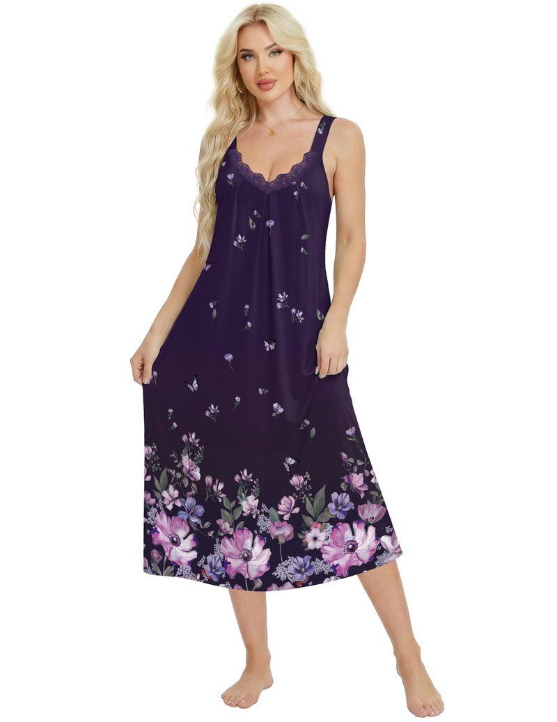 Sleeveless lace nightgown, dark navy with floral print, scalloped V-neck