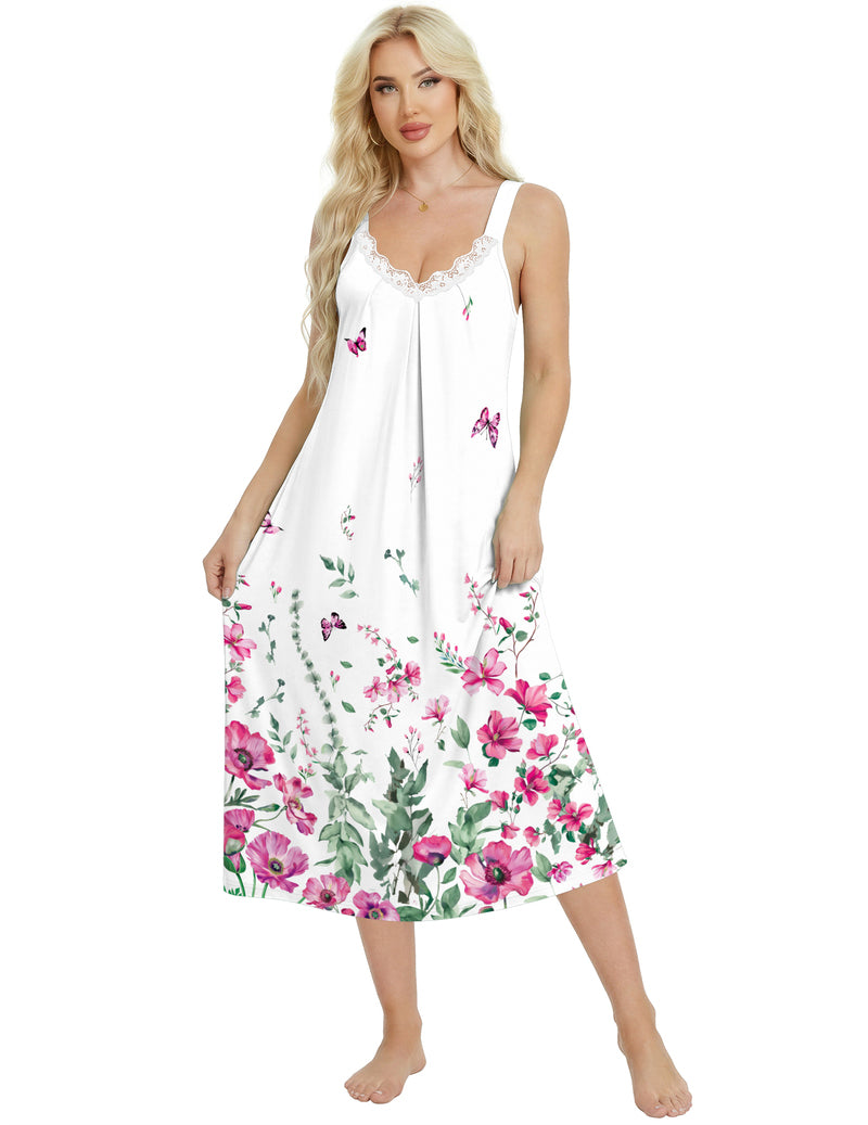 Sleeveless lace nightgown, white with pink floral print, scalloped V-neck and lace trim