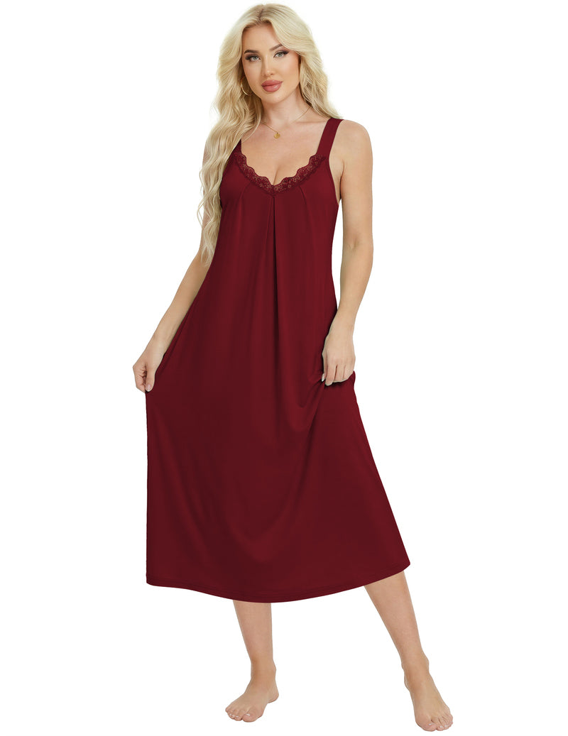 Wine red sleeveless lace V-neck long nightgown with wide straps and scalloped lace trim